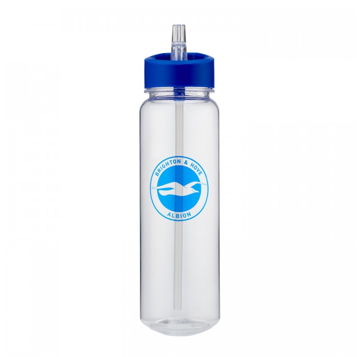 Clear sports flow bottle with blue top, features club crest