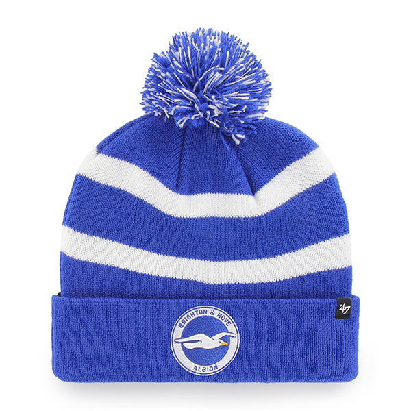 royal and white bobble hat, features club crest and 47 brand royal and white bobble hat, features club crest and 47 brand