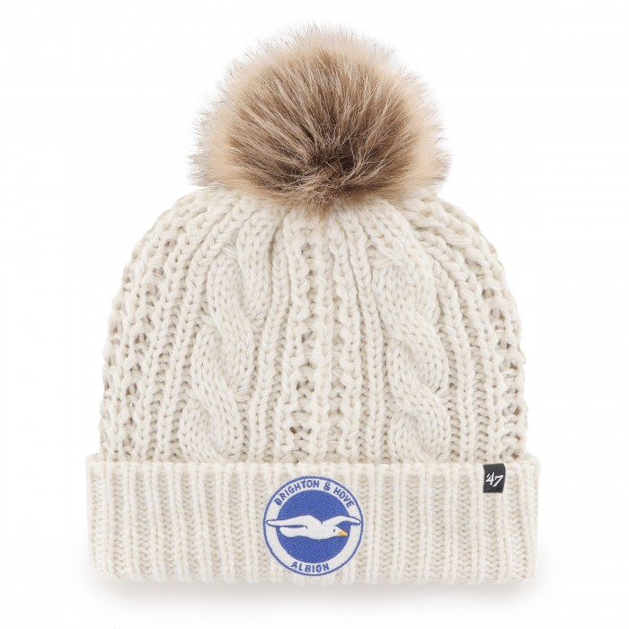 Ladies off white knitted cuff bobble hat, features colour club crest and 47 brand