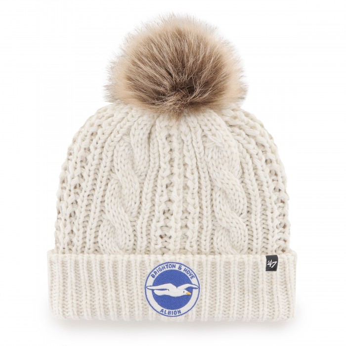 Ladies off white knitted cuff bobble hat, features colour club crest and 47 brand Ladies off white knitted cuff bobble hat, features colour club crest and 47 brand