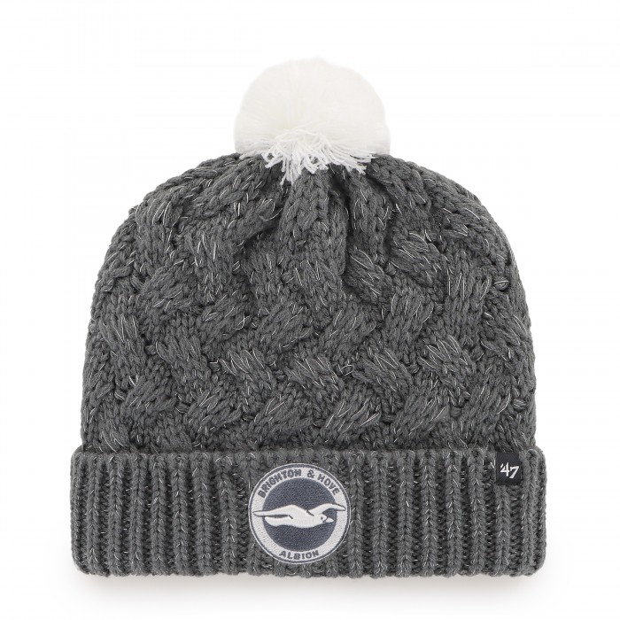 Ladies grey knitted hat with white bobble, features tonal crest and 47 brand