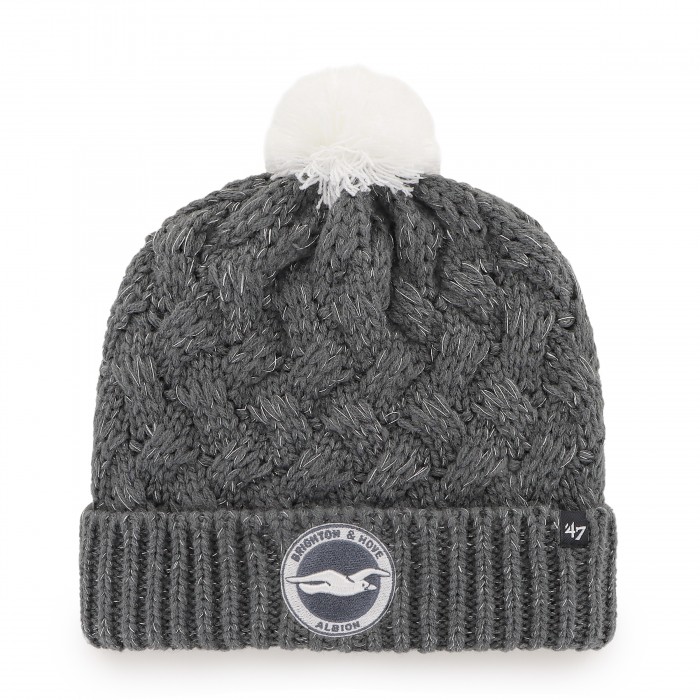 Ladies grey knitted hat with white bobble, features tonal crest and 47 brand Ladies grey knitted hat with white bobble, features tonal crest and 47 brand