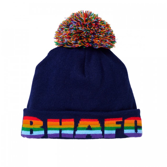 Navy bobble hat, features rainbow BHAFC text