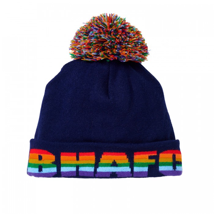 Navy bobble hat, features rainbow BHAFC text Navy bobble hat, features rainbow BHAFC text