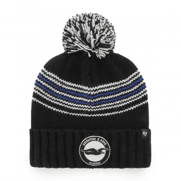 Black bobble hat, white and blue knitted pattern, features tonal crest and 47 brand