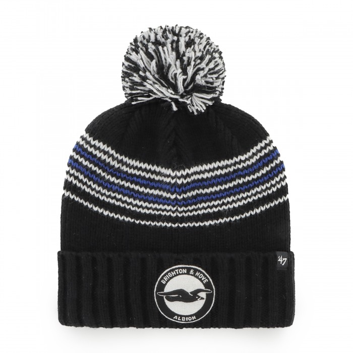 Black bobble hat, white and blue knitted pattern, features tonal crest and 47 brand Black bobble hat, white and blue knitted pattern, features tonal crest and 47 brand